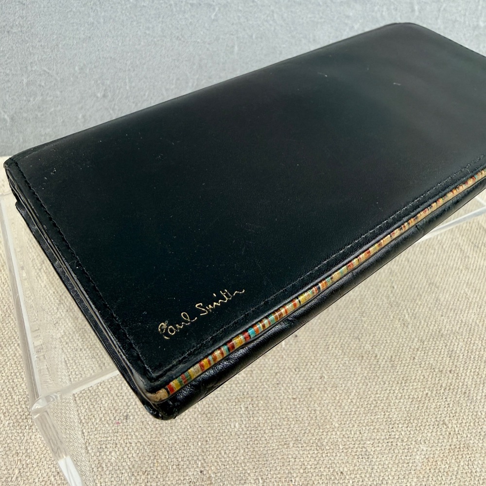 Paul Smith Black Leather Signature Stripe Continental Wallet Long Zip Pouch